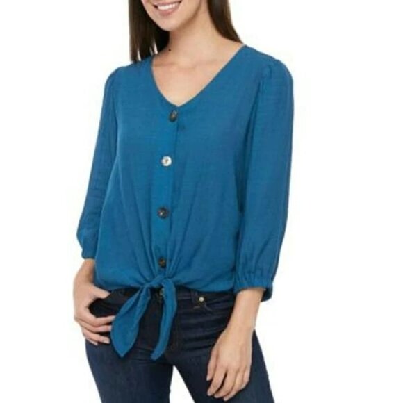 NEW DIRECTIONS - Textured Tie Front Top - Picture 1 of 5